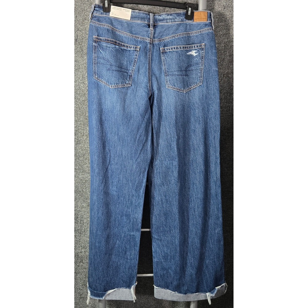 American Eagle Super High-Rise Baggy Wide Leg Jeans Blue 16 Long NEW Distressed - Picture 4 of 9